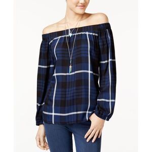 7 Sisters Juniors Plaid Off The Shoulder Top
